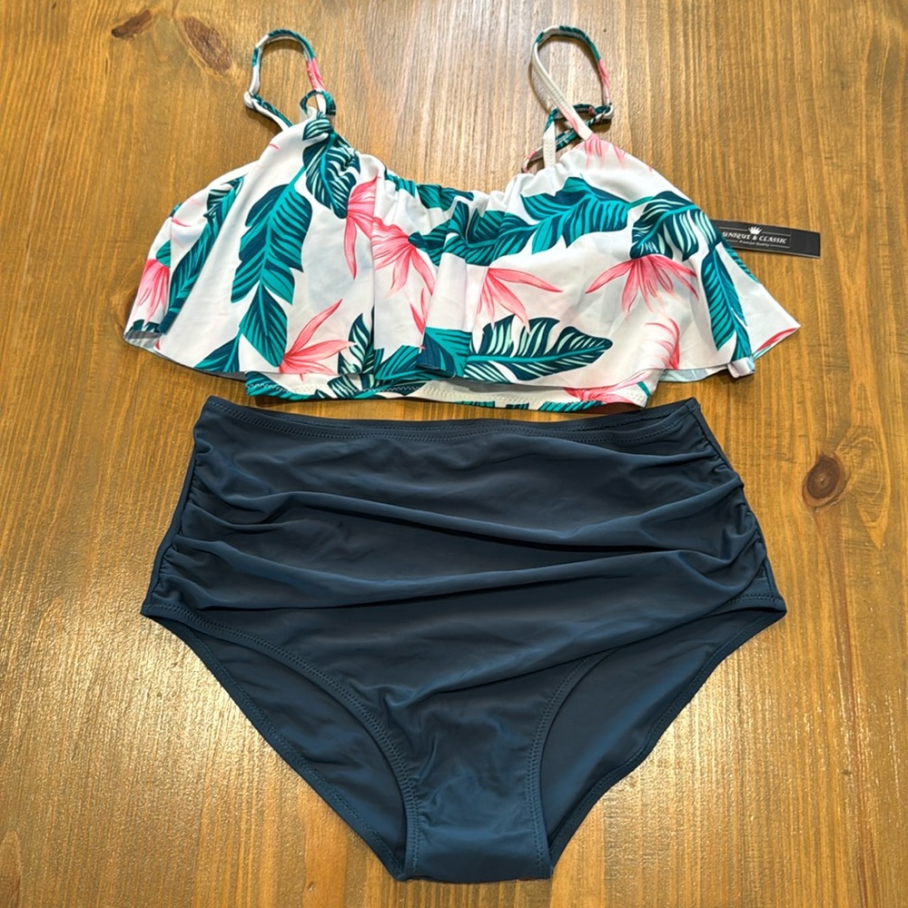 floral Green Bikini Set high waist ruched flowy top 2 piece swimsuit NWT XL